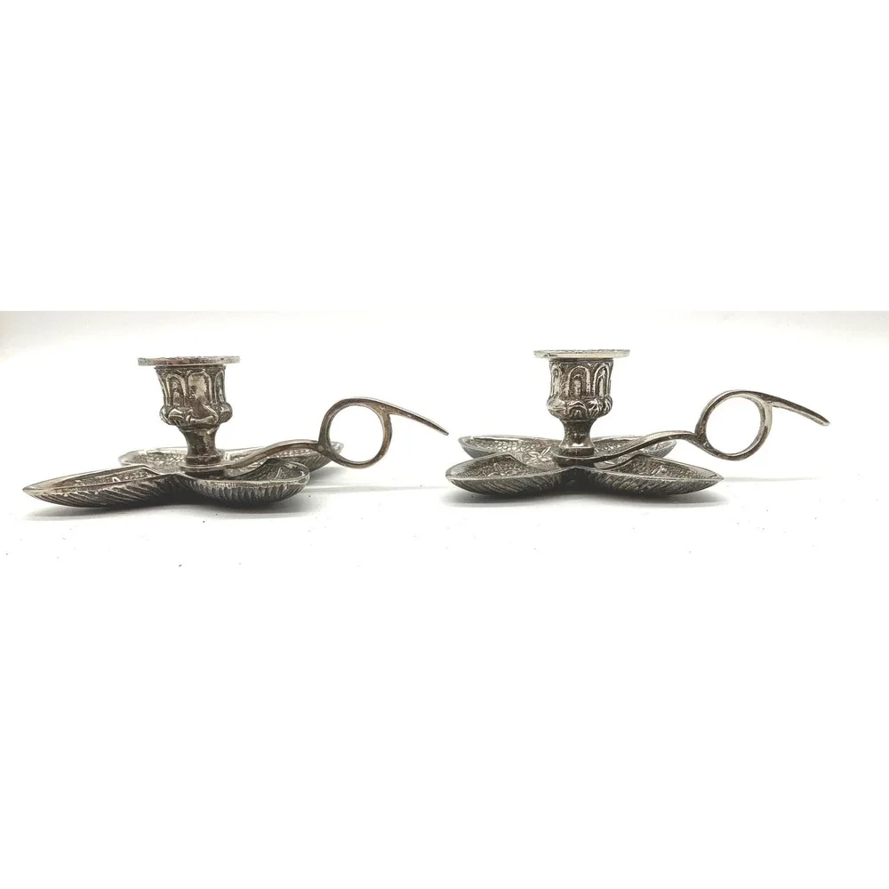 Vintage Silver Flower Chamberstick Candle Holder Pair Hollywood Regency Taper
